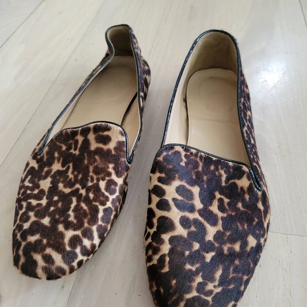 Sassy Italian Leopard print loafers. Black piping, dyed clay hair.  Rock these!